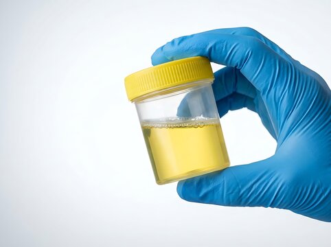 Gloved hand holding a plastic specimen container with a yellow urine sample for clinical laboratory analysis and medical diagnosis over clean white backdrop.