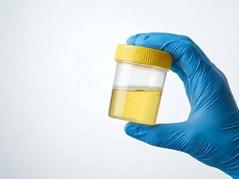 Gloved hand holds a transparent plastic container filled with yellow urine sample against a clean white background for clinical analysis and medical testing.