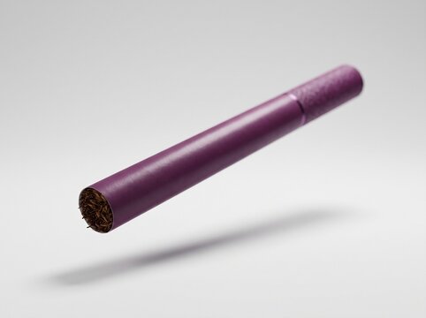 Purple cigarette with exposed tobacco filling floating on white background, minimal product still life with soft shadow