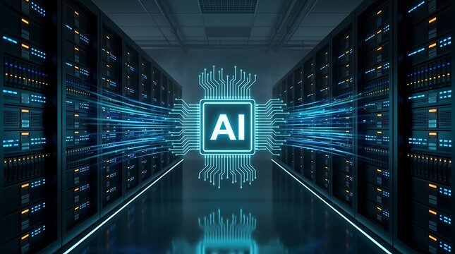 Futuristic server room data center with glowing blue circuit board and artificial intelligence processor chip symbol for cloud computing and tech database storage.