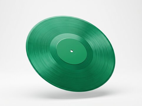 Green vinyl record with matching color label floating at an angle on white background, music concept with shadow