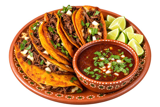Authentic Mexican birria tacos served with savory consomm&eacute; and lime