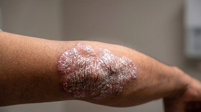 Severe plaque psoriasis rash with scaly dry patches on human elbow