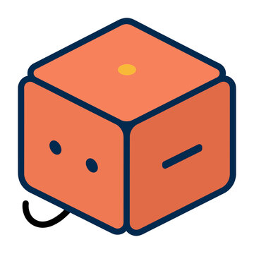 Stylized orange cube with blue outline and yellow dot