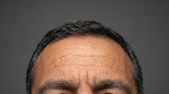 Close up view of mature man forehead with deep wrinkles and lines