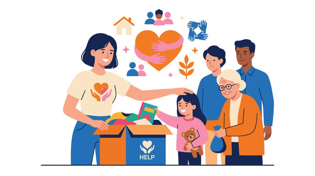 Community helping hands, diverse people donating and volunteering for charity, sharing love and support.