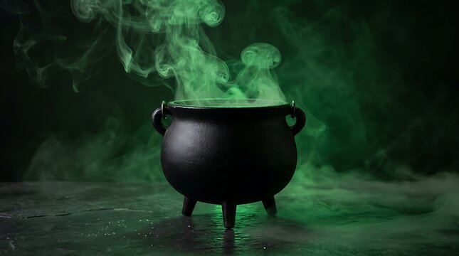 Black cauldron with green smoke rising from it creating a magical mystical atmosphere for Halloween or fantasy settings.