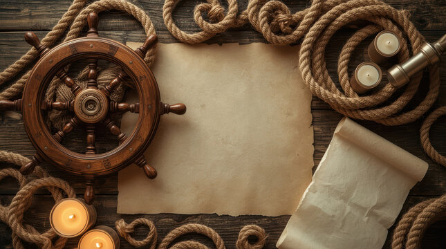 Wooden ship wheel nautical map rope lantern parchment