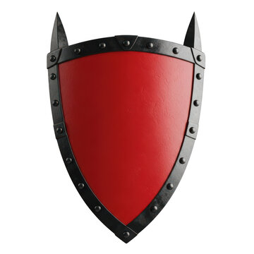 Red medieval shield with black metal border isolated on transparent background