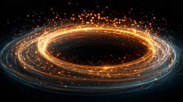 Glowing circular vortex with swirling magic energy and smooth spiral light trails on black background, symmetrical and mystical abstract concept.