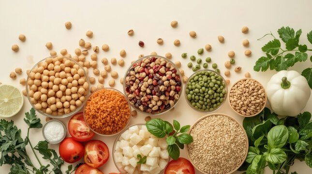 Balanced nutrition template with legumes, grain, vegetables, herbs, and colorful fresh