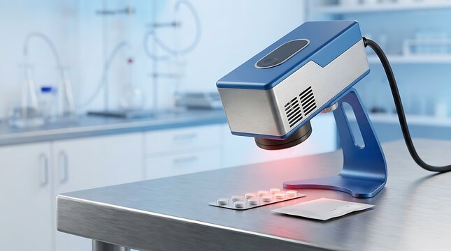 Compact material analysis spectrometer inspecting white pill tablets in blister packs and paper sachets on a clean stainless steel laboratory workbench.
