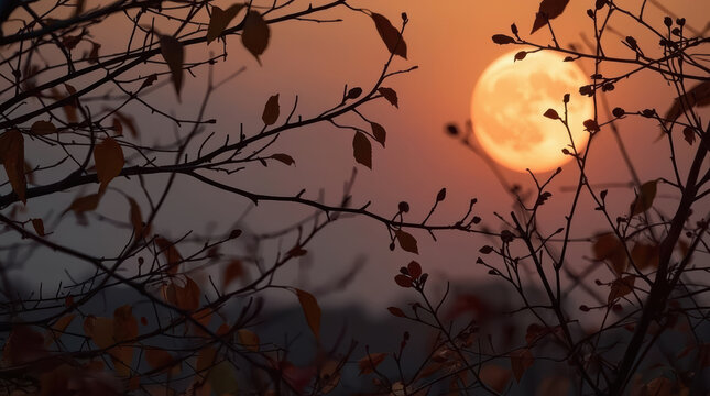 Autumn branch silhouette glowing moonlit landscape