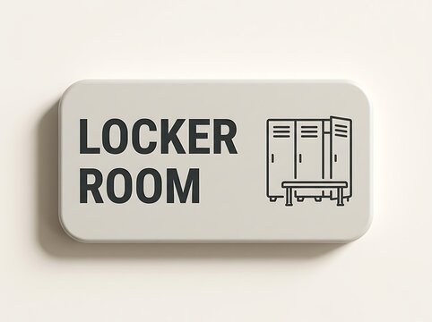 Minimalist beige locker room sign featuring clean black typography and a line art illustration of lockers with a bench isolated on a neutral background.