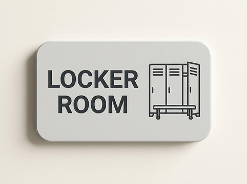Modern locker room sign with illustration of lockers and bench for gym or sports facility, clean design.