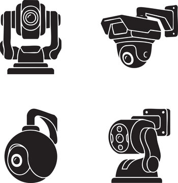 Four types of security surveillance cameras in black and white vector illustration