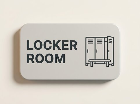 Modern locker room sign with illustration of lockers and bench for gym or sports facility, clean design.