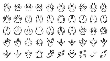Obraz premium 50 Wildlife and Animal Track Line Icons Featuring Mammal Paws, Hoof Prints, Bird Tracks, Jungle Animals and Safari Footprints