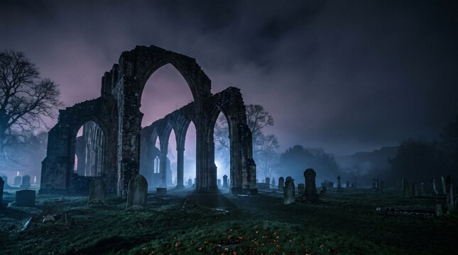 Old Abandoned Graveyard in the Fog with Ancient Castle Ruins, Medieval Stone Architecture, Gothic Arches, Weathered Walls and Mysterious European Historical Atmosphere