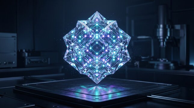 Geometric crystalline quantum glass structure glowing with neural nodes on dark laboratory platform representing artificial intelligence concept
