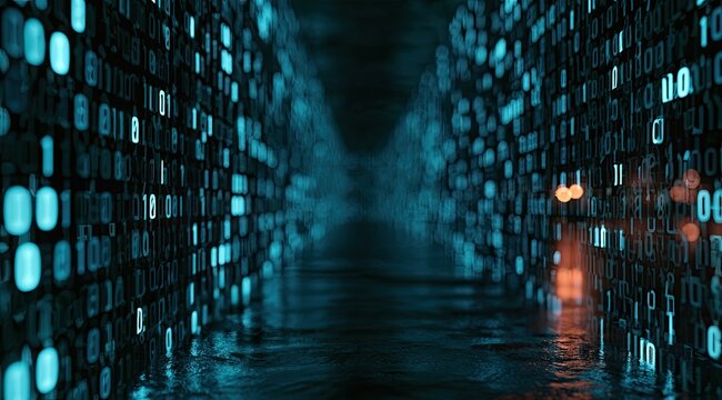 A glowing blue digital corridor of binary code with reflections on a wet surface