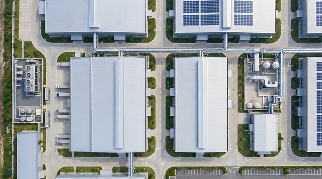 Aerial view of a modern industrial park featuring multiple buildings with extensive rooftop solar panel arrays, symbolizing sustainable energy and advanced infrastructure planning