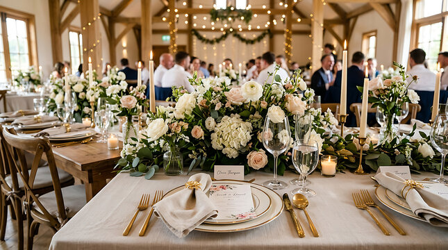 Elegant Wedding Reception Table Setting With Guests.