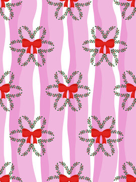 A cute Christmas seamless pattern featuring pine branch snowflakes with red bows on pastel pink wavy stripes for festive wrapping paper and fabric.