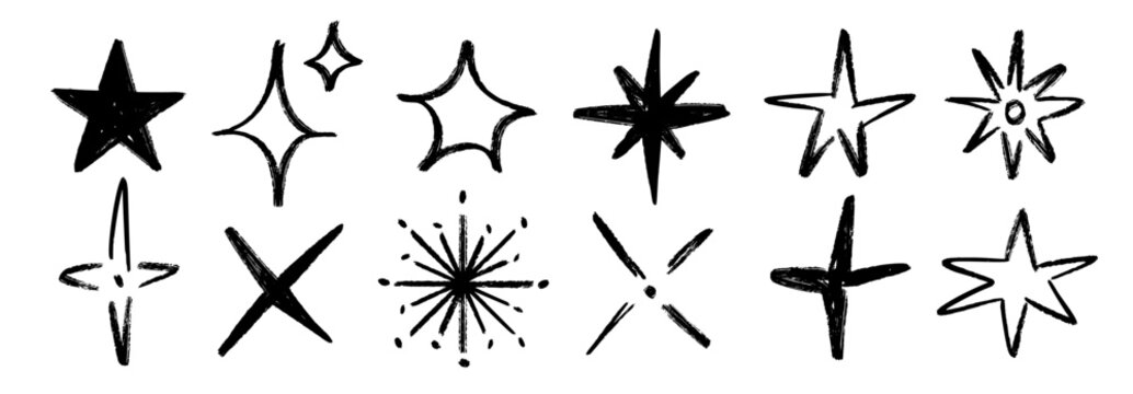 Hand drawn star shape set. Black brush stroke sparkle sketch collection. Vector abstract magic shine pack. Kid crayon twinkle asterisk doodle bundle for sticker, collage, poster, sticker, label