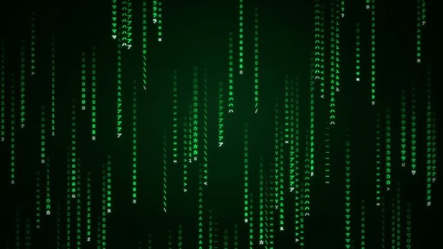 Digital rain of green binary code falling on a black background for technology concepts
