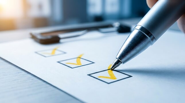 Hand holds pen to check off item on checklist on paper, representing task completion and productivity.