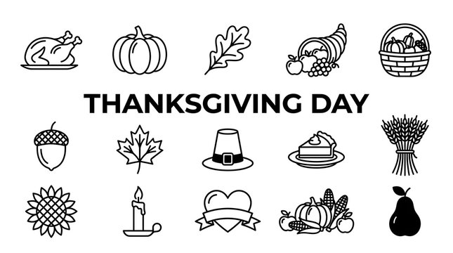 Thanksgiving Day Line Art Icon Set featuring Turkey, Pumpkin, Pilgrim Hat, Cornucopia, Autumn Leaves, and Harvest Elements