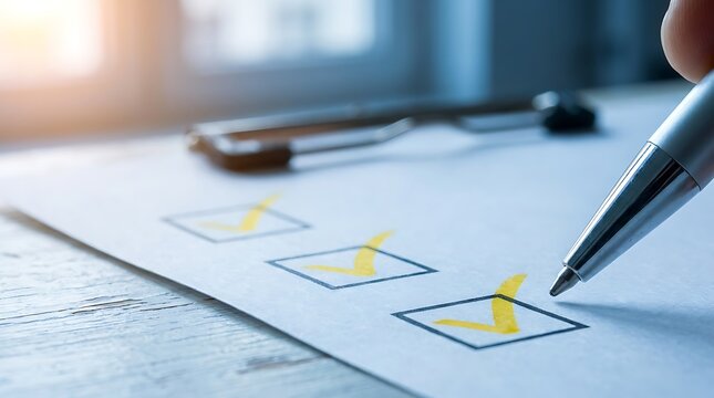 Hand marking checklist with pen and three completed items, confirming tasks and progress for project management or survey completion.