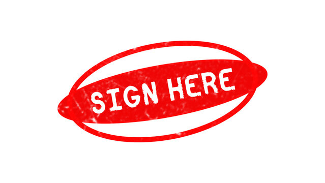 A bright red oval stamp with the text sign here in white capital letters, isolated on a black background, for business document marking isolated on a transparent background