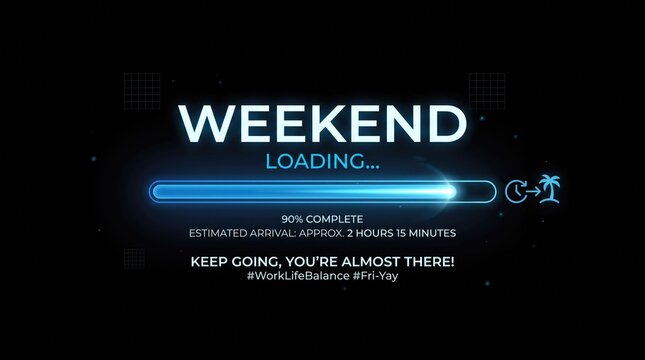 Weekend loading bar graphic with progress indicator and tropical vacation icons against a dark futuristic background