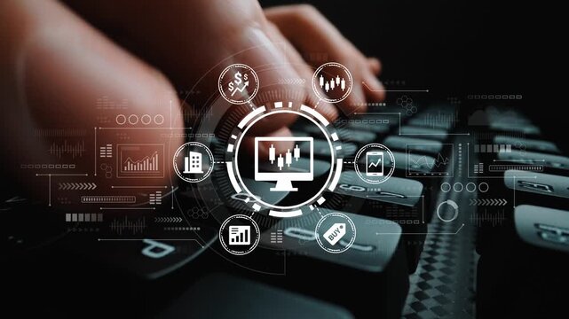 Futuristic digital financial analysis concept with hands typing on keyboard and graphical data visualization symbols for stock market and investment monitoring. Entropy.