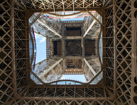 The metal structure of the Eiffel Tower is a landmark of 19th-century engineering. Paris, France