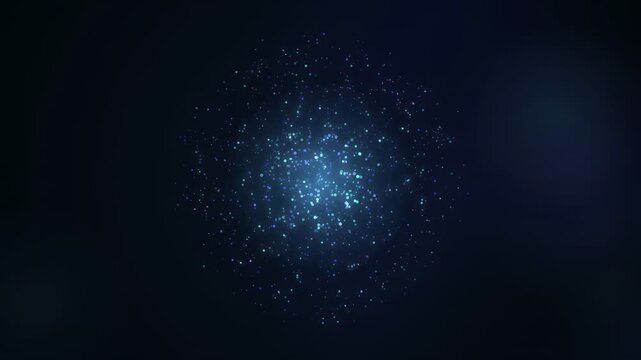 Abstract blue glowing particles swirling in a dark space creating a cosmic energy nebula effect
