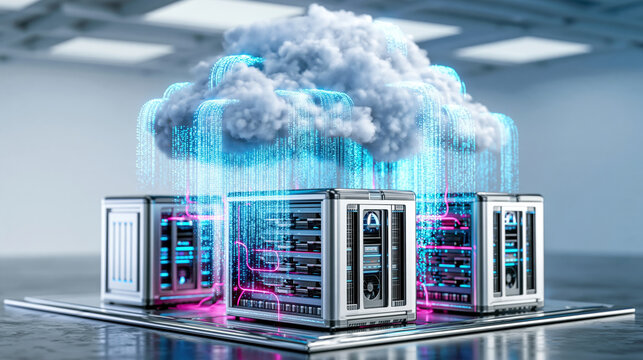 Cloud server rack with glowing data streams and futuristic AI visualization raining digital code over three server units