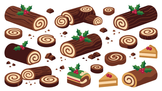 Christmas yule log cake collection festive chocolate dessert icons.