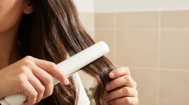 A woman using a white hair straightener to style her long brown hair in a bathroom setting