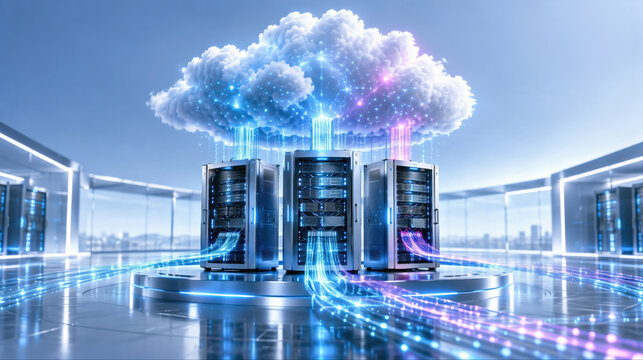 Cloud computing data center with servers connected to glowing fiber links and luminous data flow illustrating network synchronization