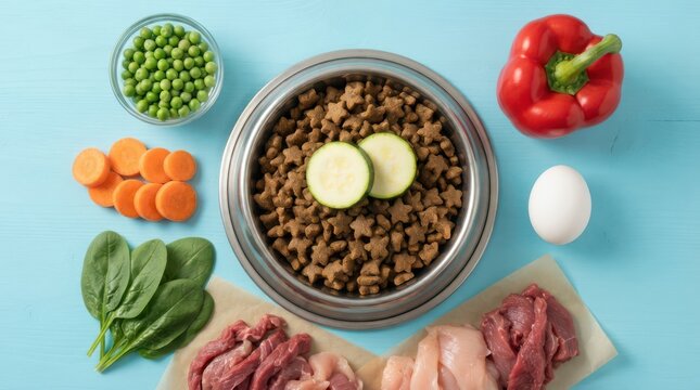 A bowl of dry pet food surrounded by fresh ingredients including raw meat, vegetables, spinach, an egg, and peas on a blue background