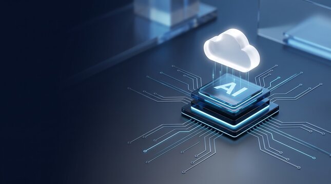 Artificial intelligence cloud computing chip with glowing circuitry and floating cloud icon representing advanced data processing and secure network storage architecture