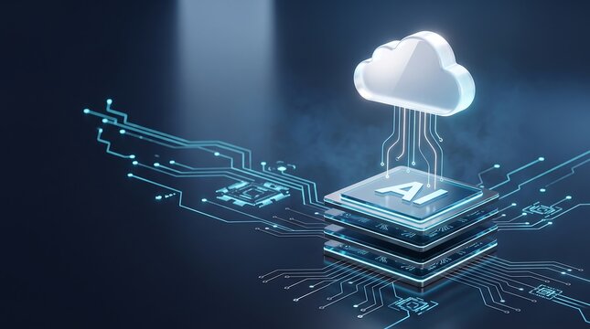 Artificial intelligence chip with glowing cloud icon floating above circuit board representing modern cloud computing and machine learning technology infrastructure in digital data center