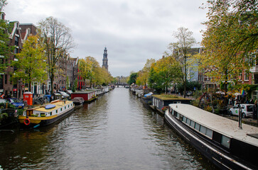 Fototapeta premium Amsterdam, with its historic canals and houseboats, reveals the charming architecture, vibrant urban life, and unique atmosphere that characterize this Dutch city.