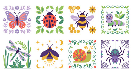 Fototapeta premium Cute cartoon insects and garden bugs colorful square tiles vector.