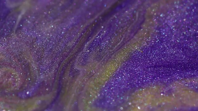 Glitter swirl. Ink transition. Purple gray emulsion mixing color in yellow shiny acrylic light leak abstract texture blur background.