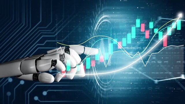 A futuristic robot hand touches a digital graphic representing financial data analysis, showcasing technology role in modern trading and market trends. Copula