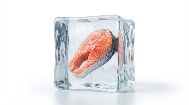 A fresh salmon steak frozen inside a large transparent ice cube